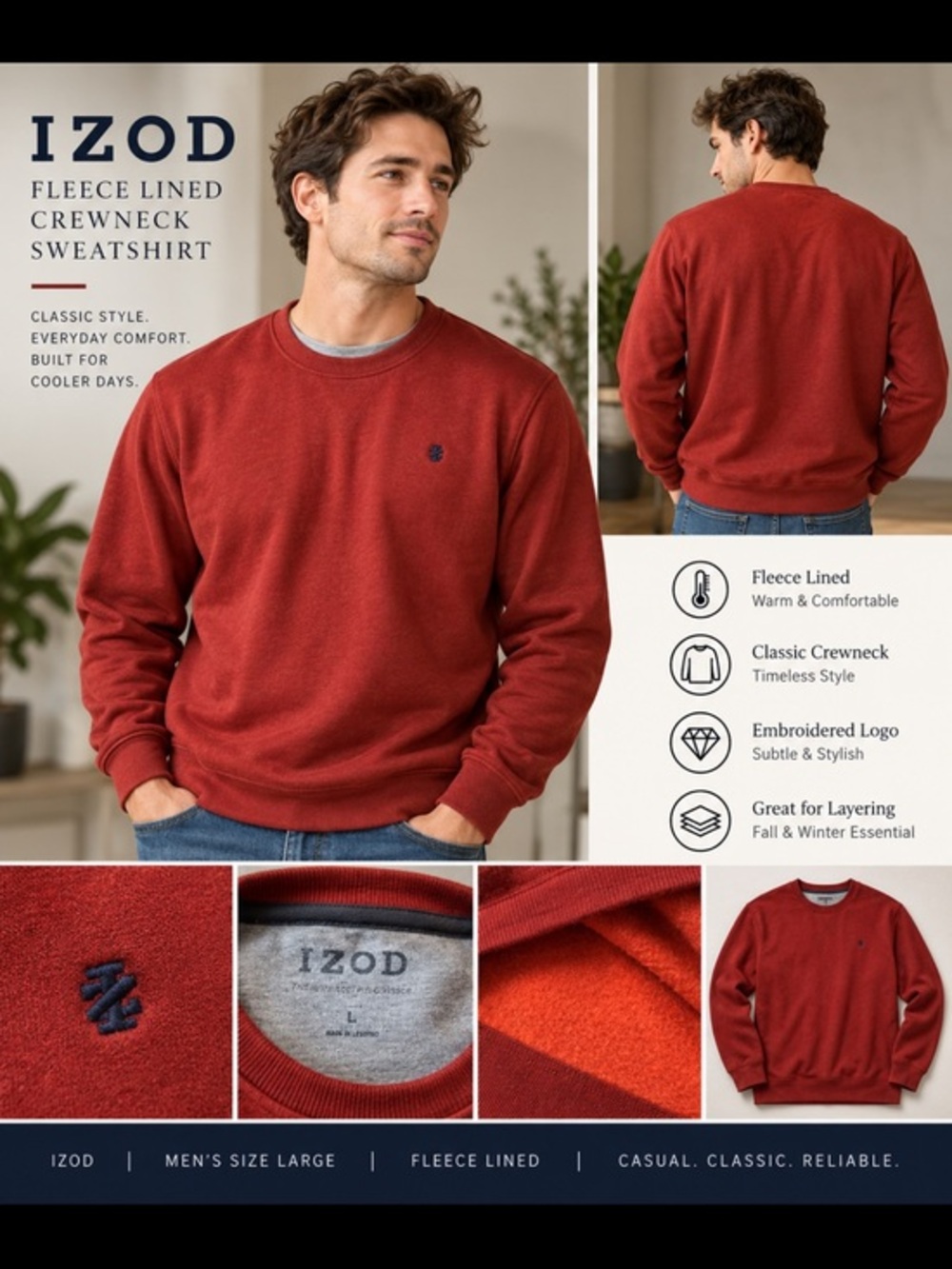IZOD Men’s Red Fleece Lined Crewneck Sweatshirt Size L